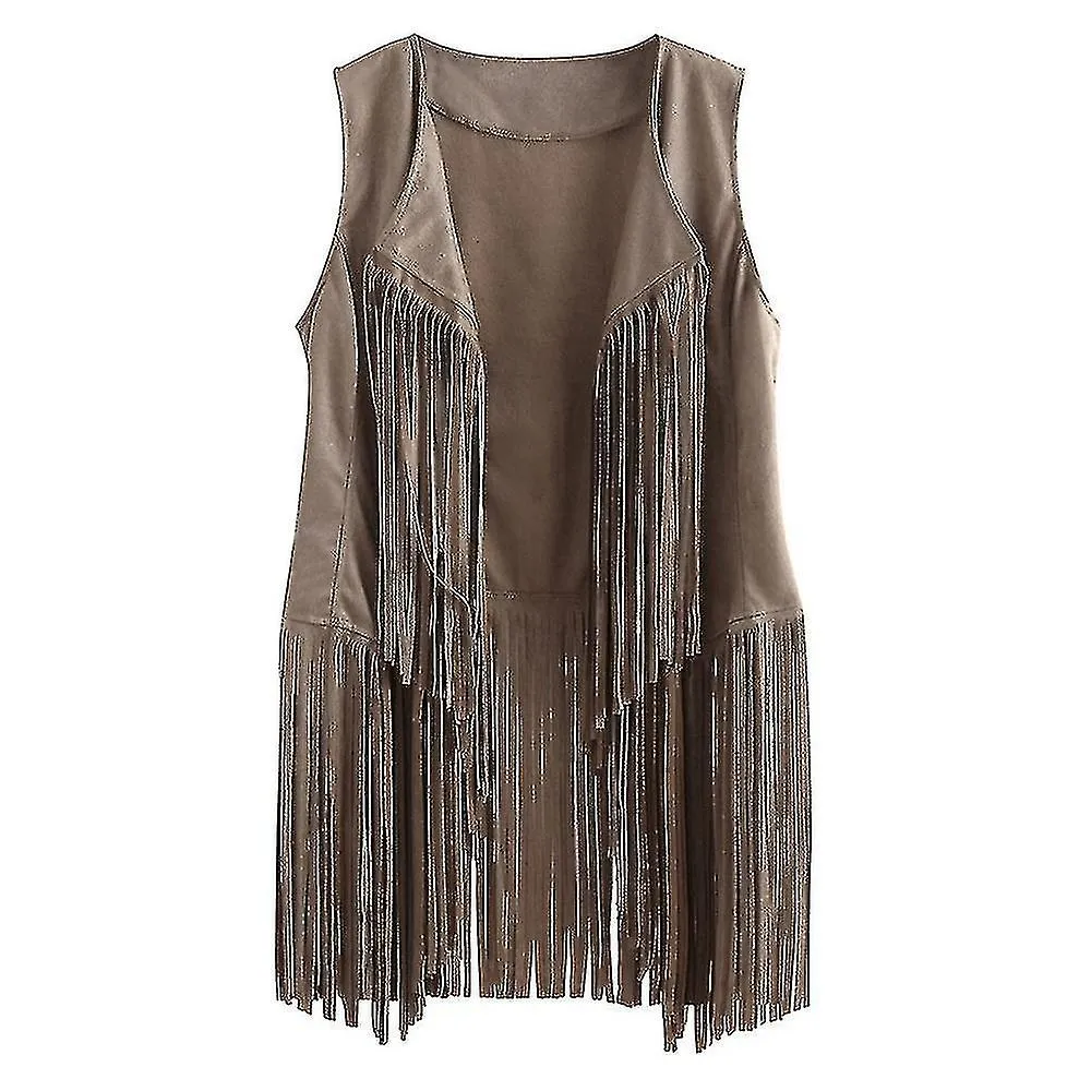 1970s Womens Tassel Sleeveless Vest 70s Retro Hippie Faux Suede Fringe Jacket Cardigan