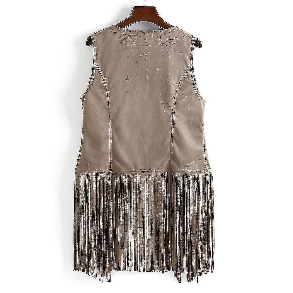 1970s Womens Tassel Sleeveless Vest 70s Retro Hippie Faux Suede Fringe Jacket Cardigan