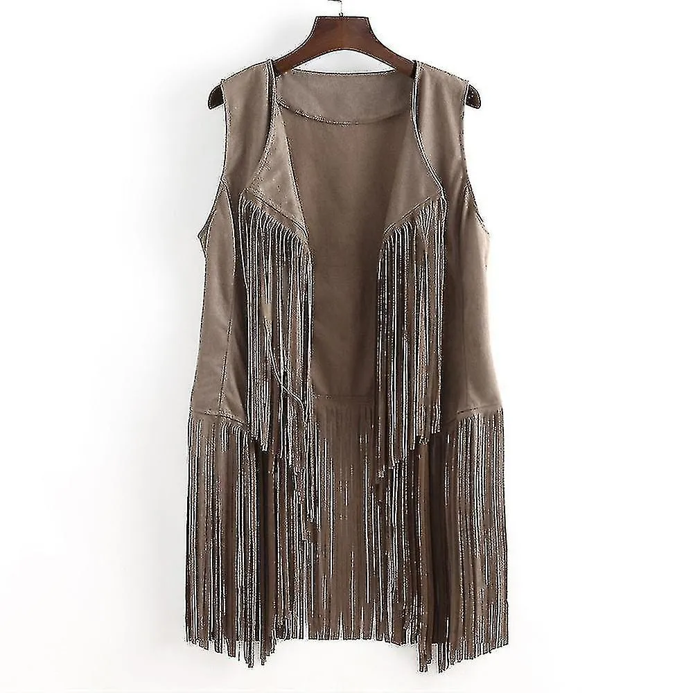 1970s Womens Tassel Sleeveless Vest 70s Retro Hippie Faux Suede Fringe Jacket Cardigan