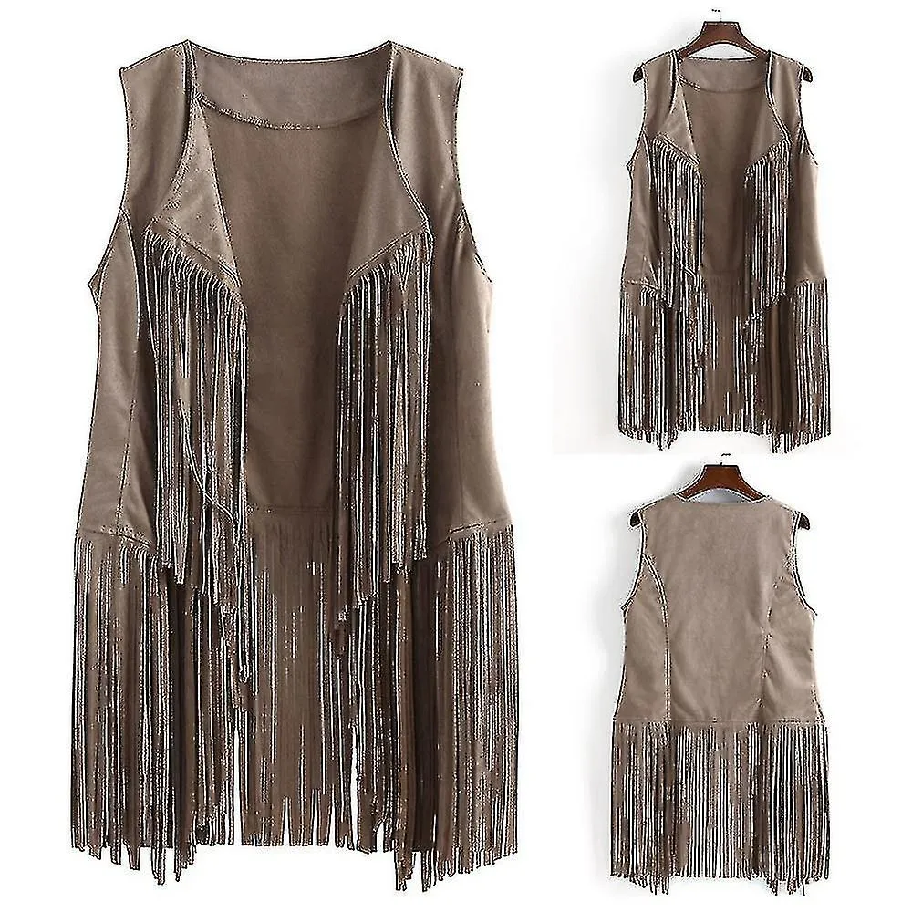 1970s Womens Tassel Sleeveless Vest 70s Retro Hippie Faux Suede Fringe Jacket Cardigan