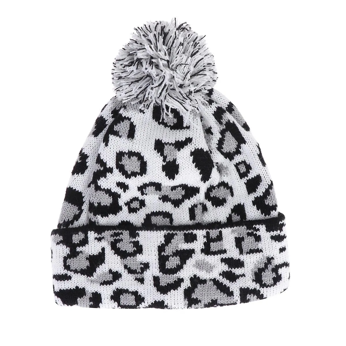 1pc Knitted Hat Leopard Warm Knit Hairball Beanie For Autumn Winter Men Women (black And White)