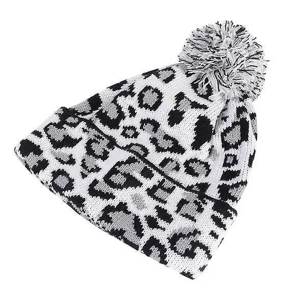 1pc Knitted Hat Leopard Warm Knit Hairball Beanie For Autumn Winter Men Women (black And White)