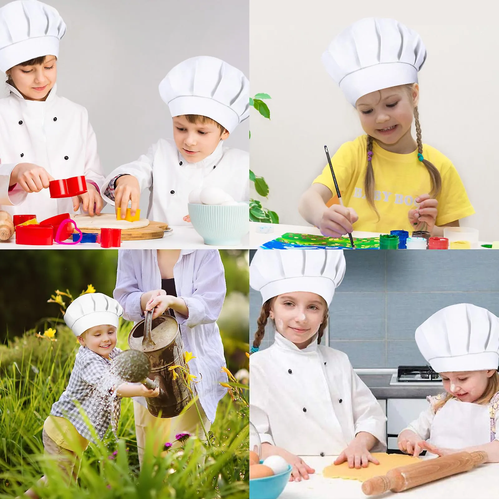 4pcs Kids White Chef Hats Elastic Professional Cooking Hat Funny