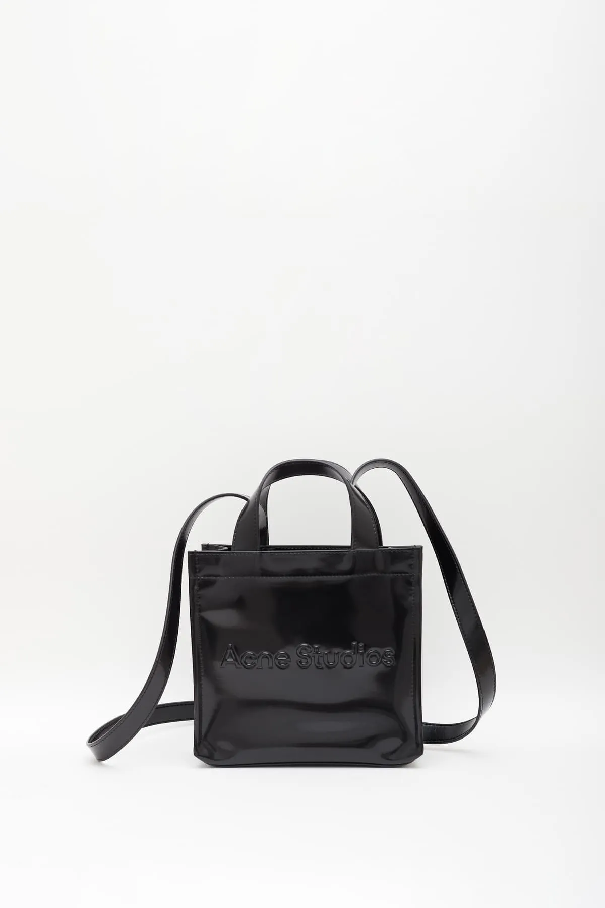 ACNE STUDIOS BLACK PATENT LOGO MINI SHOULDER TOTE BAG