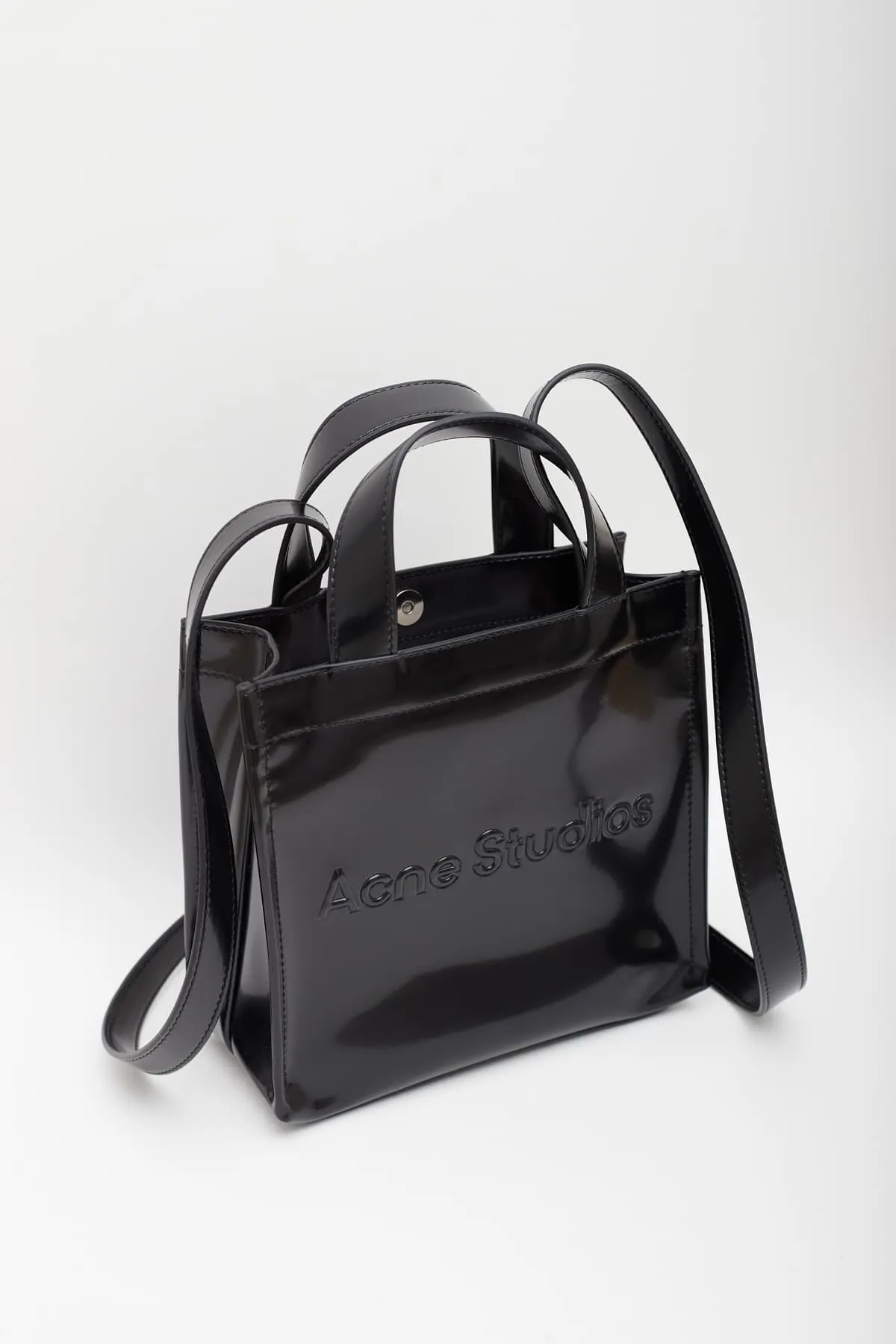 ACNE STUDIOS BLACK PATENT LOGO MINI SHOULDER TOTE BAG