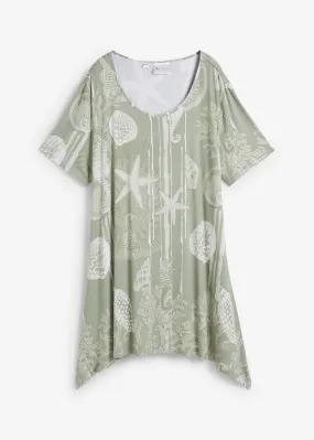 Camiseta larga con bajo irregular Verde agua/blanco estampado