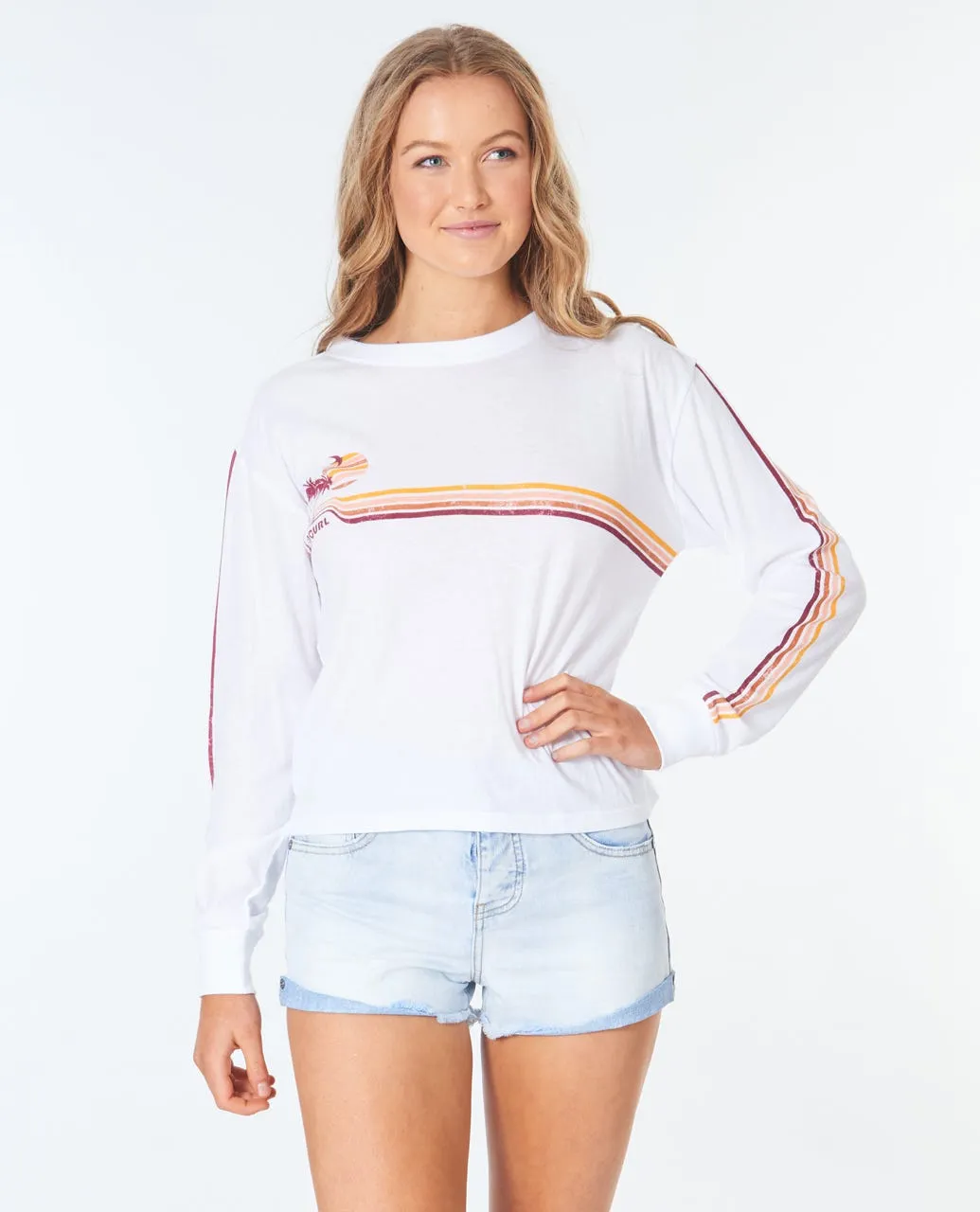 Camiseta Mujer RIP CURL manga larga Golden Days Long Sleeve Tee White Ref. GTEJD9FW2021 blanca palmeras