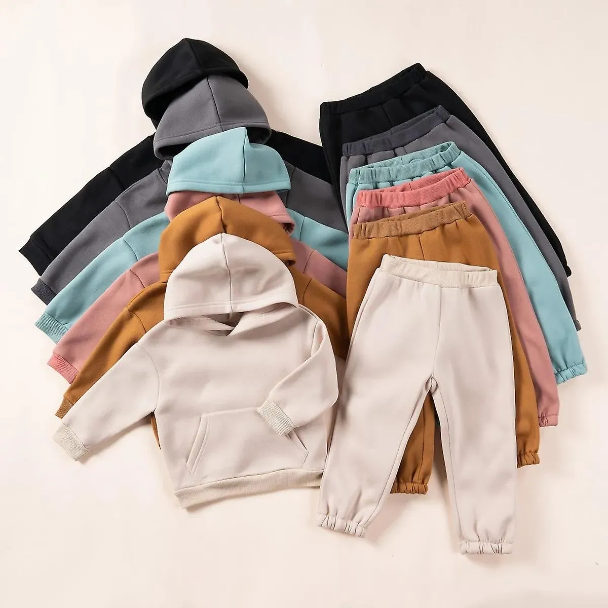 Children's Spring And Autumn Leisure Suit Kids And Kids' Hooded Solid Color Sweatshirt Sports Pants Two-piece Setkids Ou