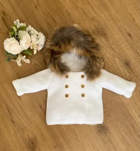 Knitted jacket with a natural fur hood. Various colors