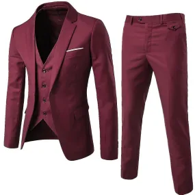 Men"s 3 Piece Slim Fit Suit Set One Button Solid Jacket Vest Pants Business Set