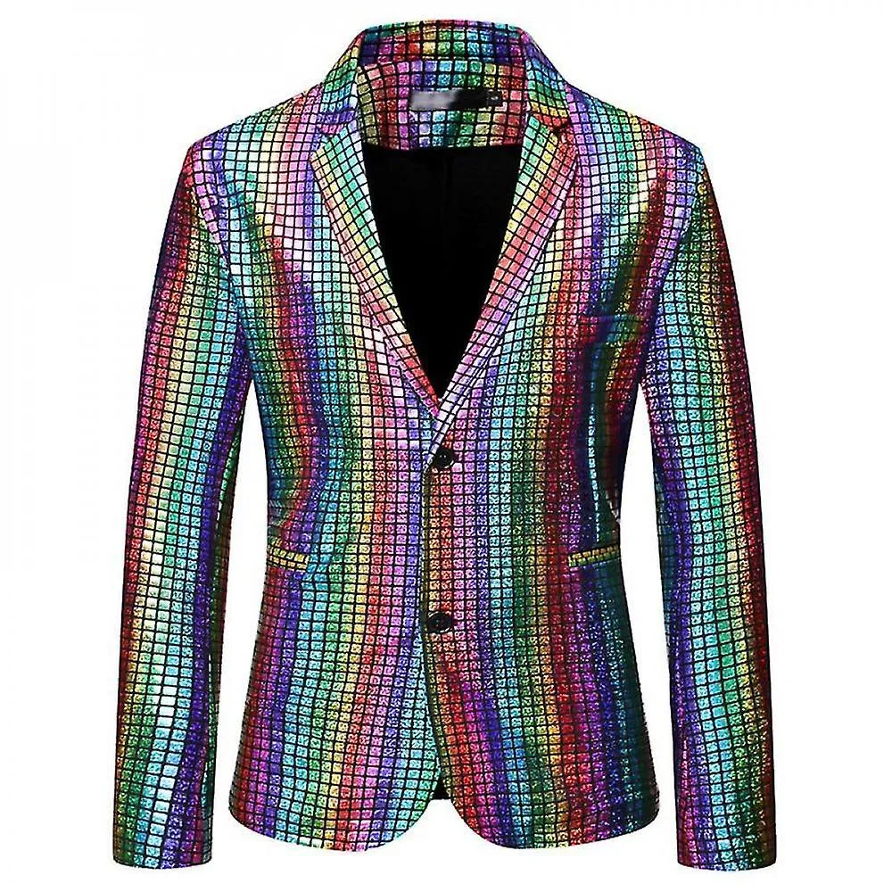 Mens Stage Prom Suits Shiny Rainbow Plaid Sequin Jacket Pants Dance Festival Halloween Christmas Party Costume XFS