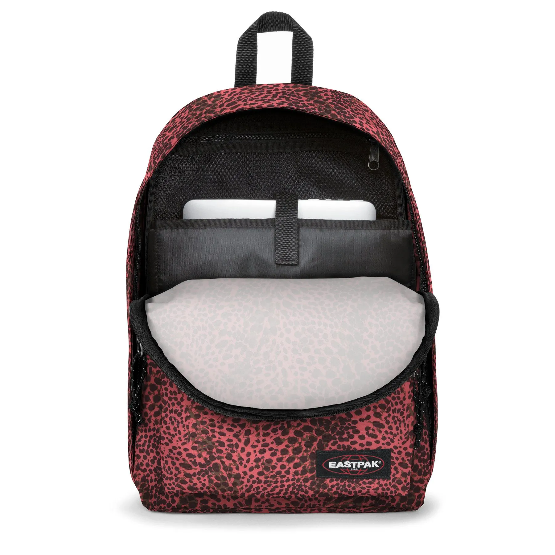 MOCHILA EASTPAK Out of office 27 litros con bolsillo pórtatil EK7679A4 Accentimal Peach animal print rosa y marrón