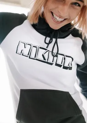 Sudadera  NIKITA  Mujer con capucha FLASHBACK HOODIE white Ref. NMWFFLA-WHT Blanca y gris logo pecho rojo