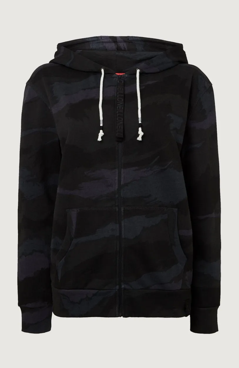 Sudadera O’NEILL con capucha y cremallera para mujer ARDISIA ALL OVER PRINT CAMO FULL ZIP HOODIE Ref. 9P6410 Negra camufla