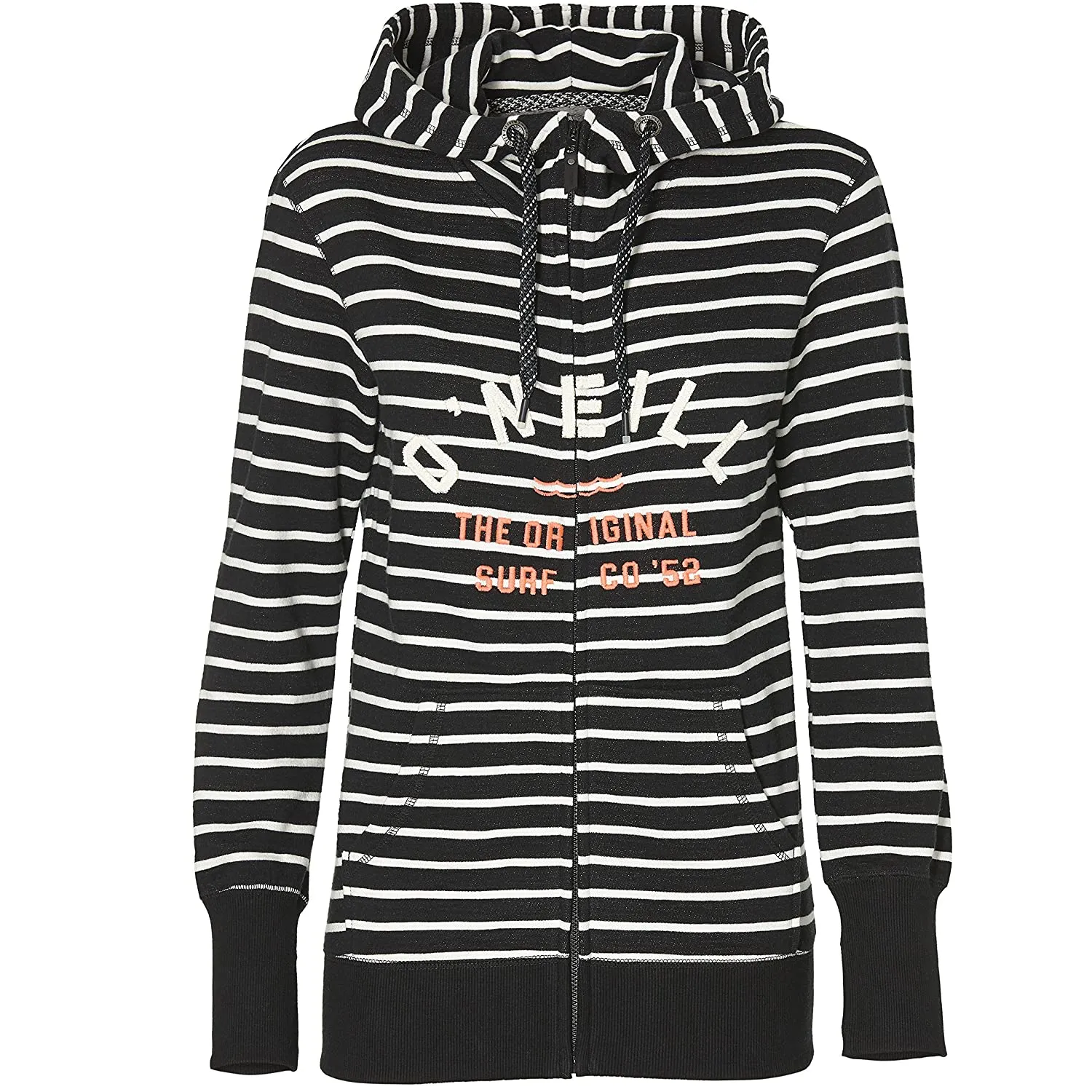 Sudadera O’NEILL con capucha y cremallera para mujer EASY FANTASTIC FZ HOODIE Ref. 8P6400 negra/blanca rayas