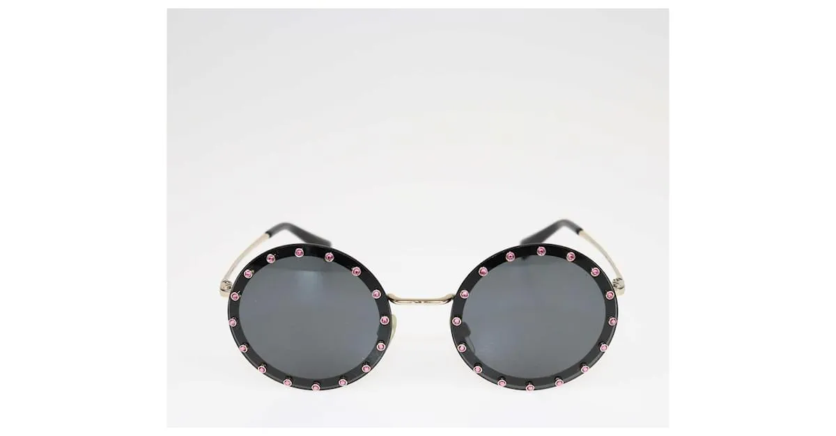 Valentino negro/Gafas de sol redondas con tachuelas de cristal rosa 