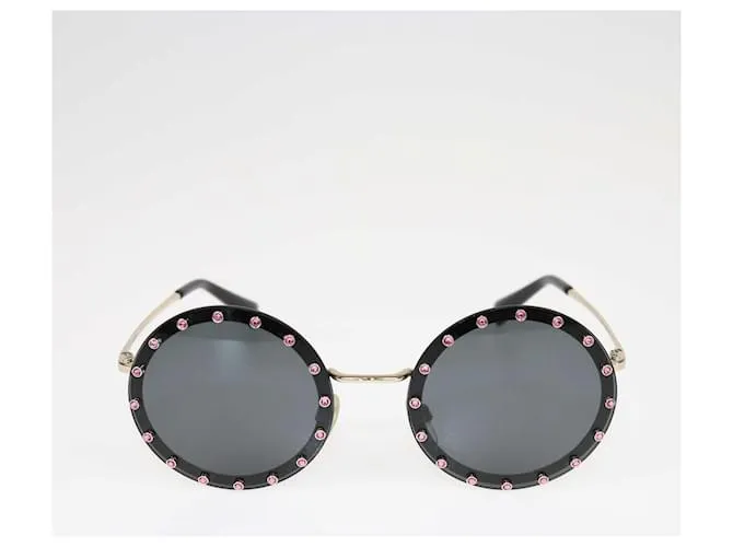 Valentino negro/Gafas de sol redondas con tachuelas de cristal rosa 