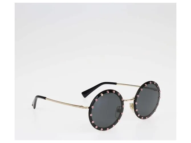 Valentino negro/Gafas de sol redondas con tachuelas de cristal rosa 