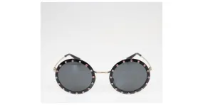 Valentino negro/Gafas de sol redondas con tachuelas de cristal rosa 