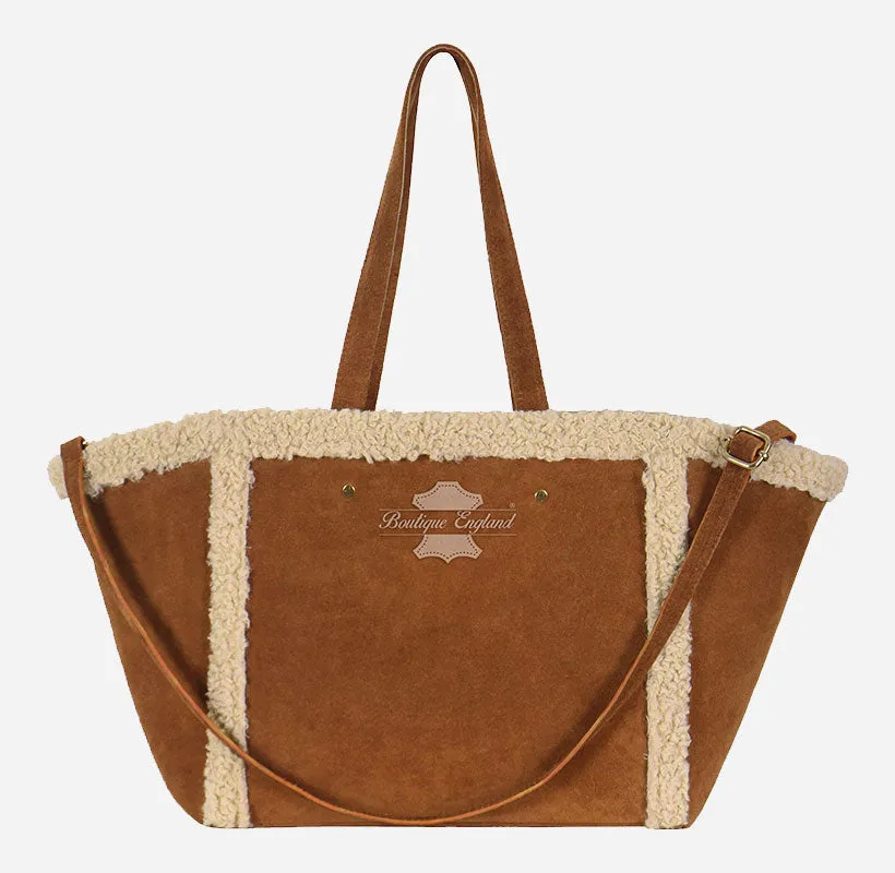 Women Suede Tote Bag with Shearling Fur detailing