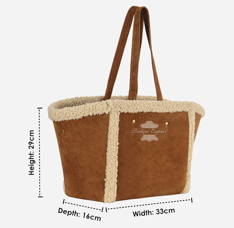 Women Suede Tote Bag with Shearling Fur detailing