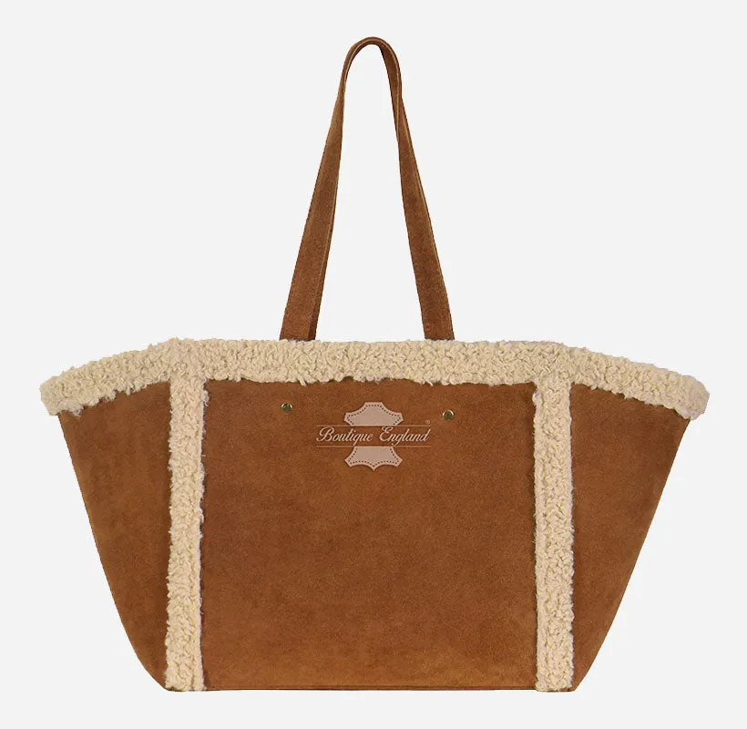 Women Suede Tote Bag with Shearling Fur detailing