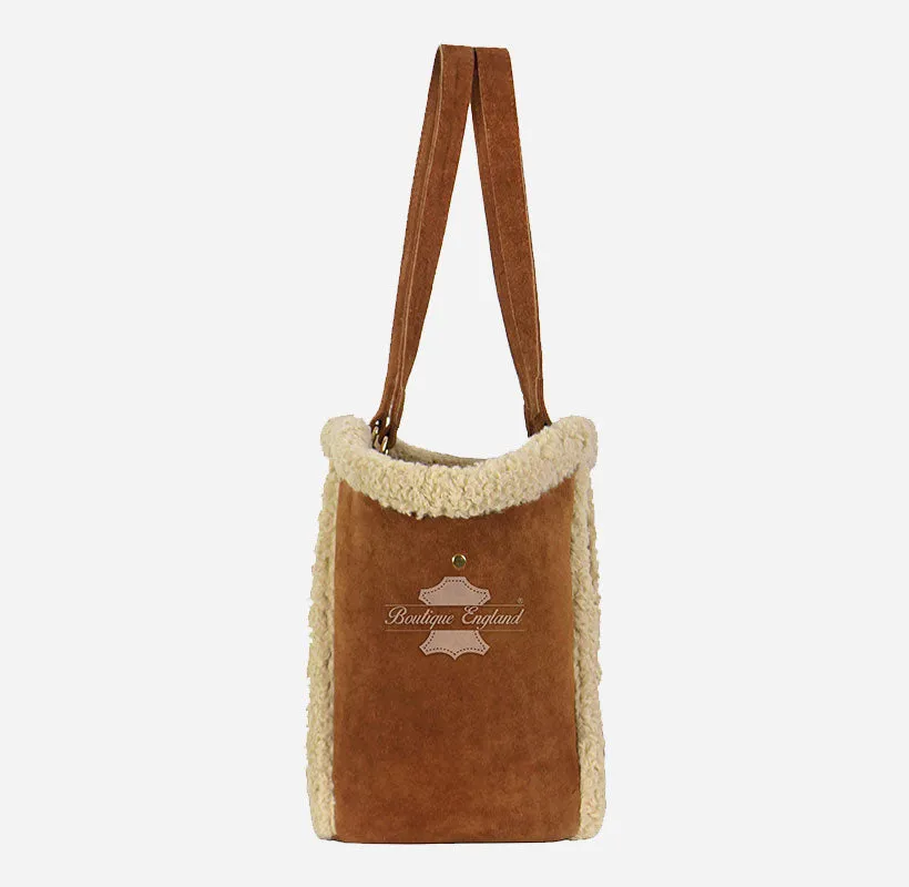 Women Suede Tote Bag with Shearling Fur detailing