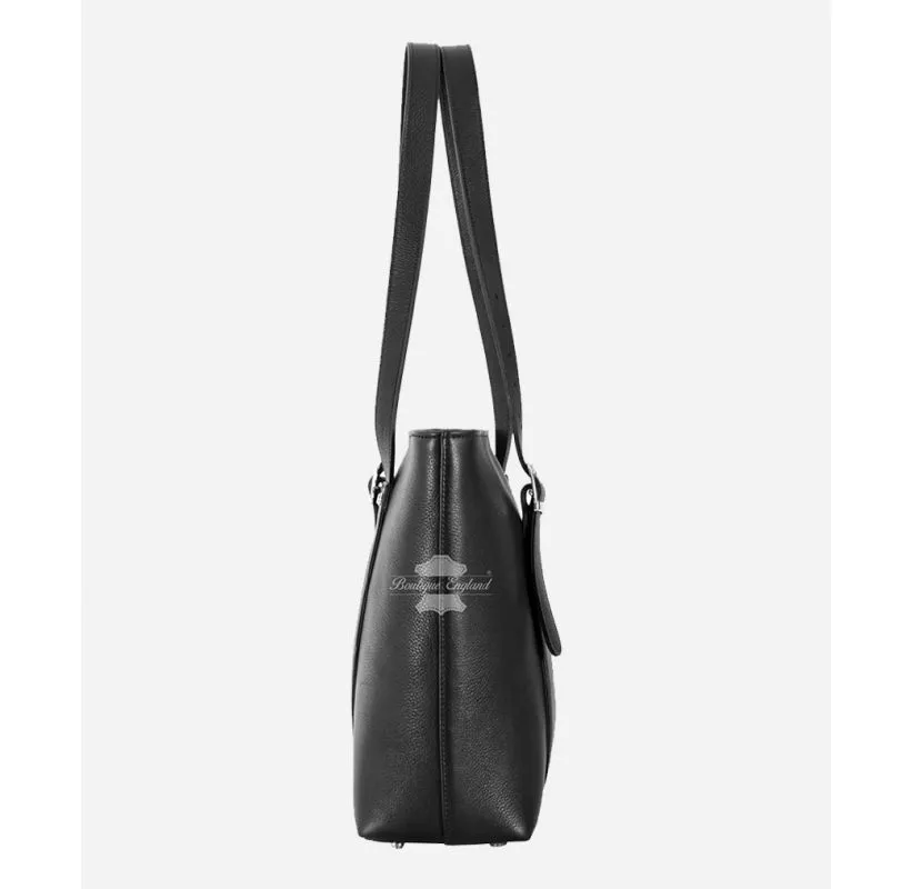 Women's Black Leather Tote Bag With Shoulder Strap