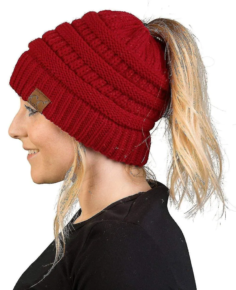 Womens High Messy Bun Beanie Hat With Ponytail Hole, Winter Warm Trendy Knit Ski Skull Cap